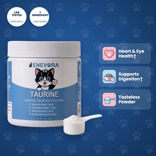 Enevora Taurine for cats: lab tested every batch, one ingredient, heart and eye health, supports digestion, tasteless powder