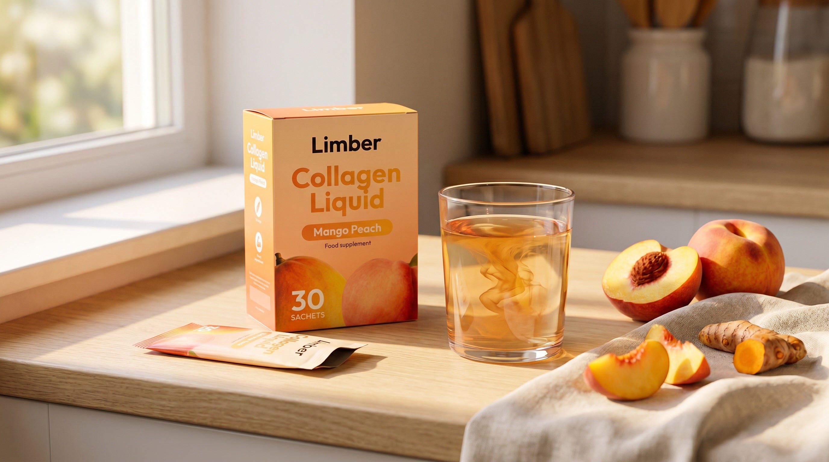 A glass of water with a sachet poured in, turmeric root and the Limber box